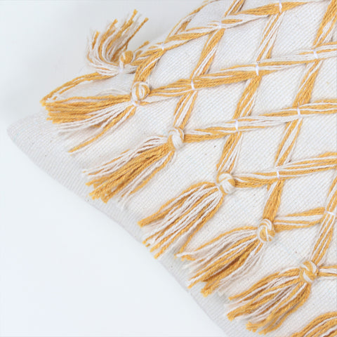 Hand Tufted Texture Boho Yellow and Ivory Tassel Cushion Cover