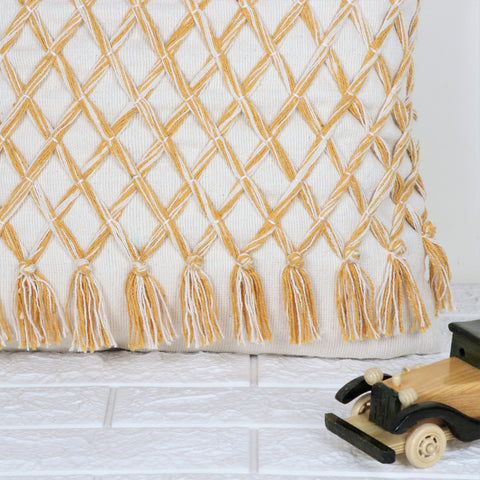 Hand Tufted Texture Boho Yellow and Ivory Tassel Cushion Cover