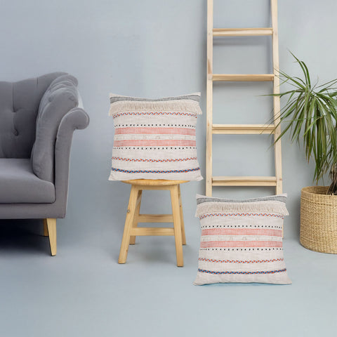 Set Of 2 Hand Tufted Texture Boho Ivory Black Tassel Cushion Cover