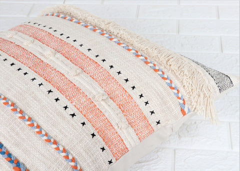 Hand Tufted Texture Boho Ivory and Black Tassel Cushion Cover