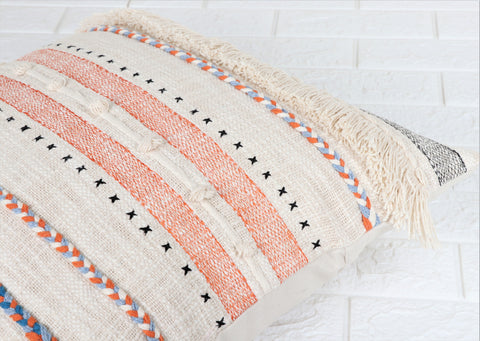 Set Of 2 Hand Tufted Texture Boho Ivory Black Tassel Cushion Cover