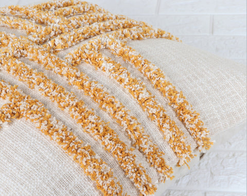 Hand Tufted Texture Boho Yellow and Ivory Tassel Cushion Cover