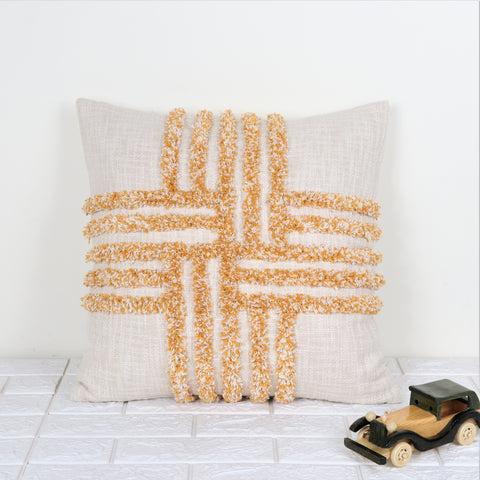 Hand Tufted Texture Boho Yellow and Ivory Tassel Cushion Cover