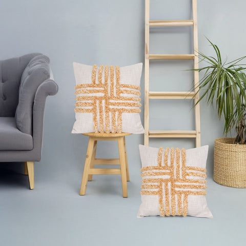 Set Of 2 Hand Tufted Texture Boho Yellow Ivory Tassel Cushion Cover