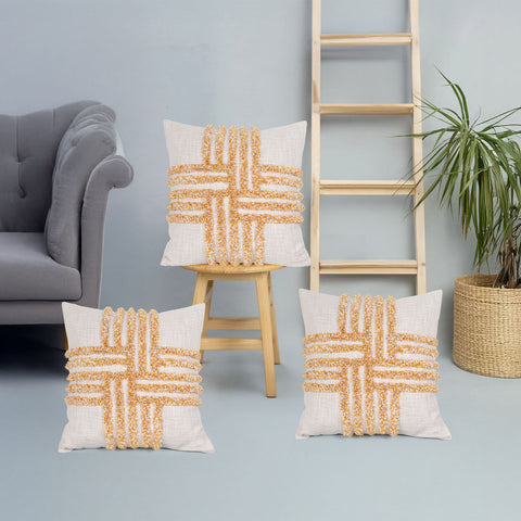 Set Of 3 Hand Tufted Texture Boho Yellow Ivory Tassel Cushion Cover