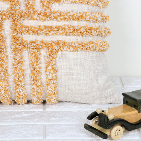 Set Of 2 Hand Tufted Texture Boho Yellow Ivory Tassel Cushion Cover