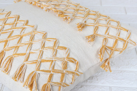 Hand Tufted Texture Boho Ivory and Yellow Tassel Cushion Cover