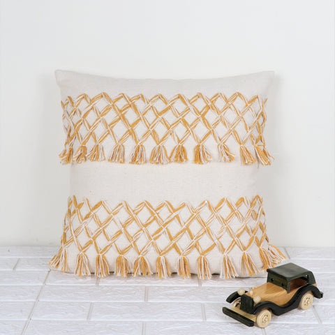 Set Of 3 Hand Tufted Texture Boho Ivory Yellow Tassel Cushion Cover