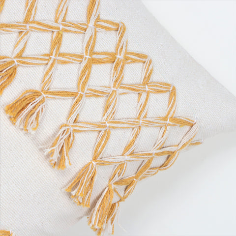 Set Of 2 Hand Tufted Texture Boho Ivory Yellow Tassel Cushion Cover