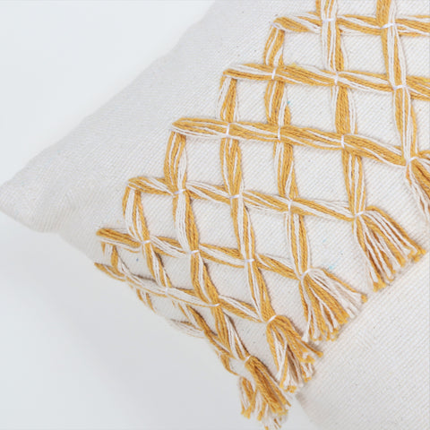 Set Of 2 Hand Tufted Texture Boho Ivory Yellow Tassel Cushion Cover