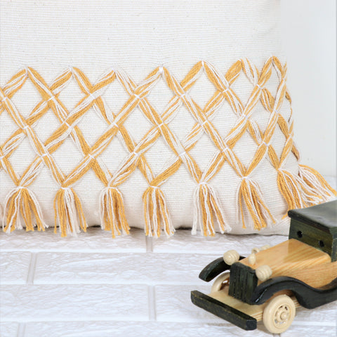 Set Of 3 Hand Tufted Texture Boho Ivory Yellow Tassel Cushion Cover