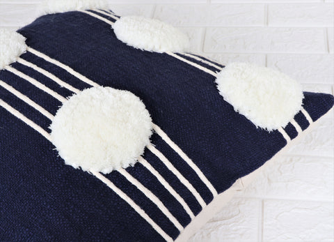 Hand Tufted Texture Boho Blue and Ivory Pom - Pom Cushion Cover