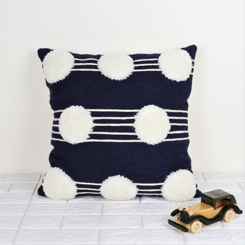 Hand Tufted Texture Boho Blue and Ivory Pom - Pom Cushion Cover