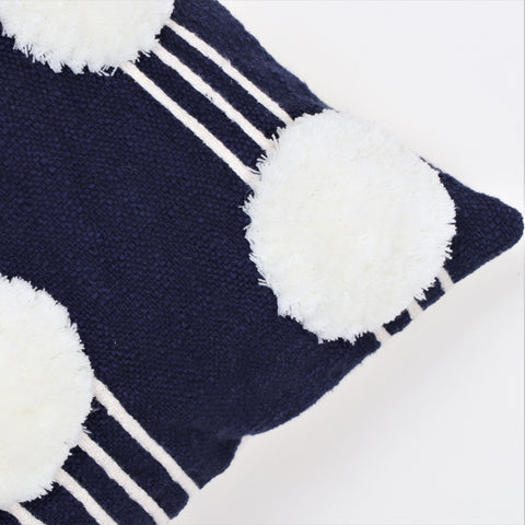 Hand Tufted Texture Boho Blue and Ivory Pom - Pom Cushion Cover