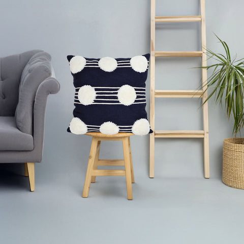 Set Of 3 Hand Tufted Texture Boho Blue Ivory Pom - Pom Cushion Cover