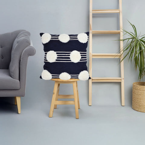 Hand Tufted Texture Boho Blue and Ivory Pom - Pom Cushion Cover