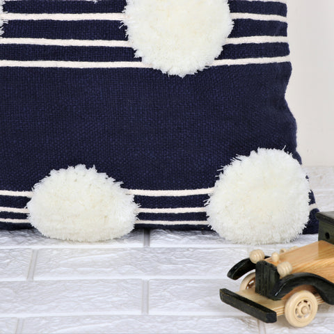 Hand Tufted Texture Boho Blue and Ivory Pom - Pom Cushion Cover