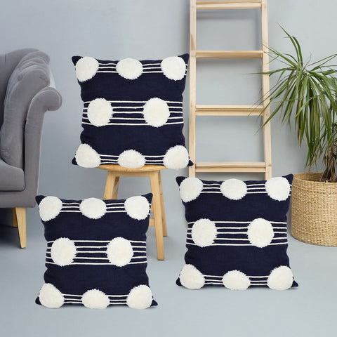 Set Of 3 Hand Tufted Texture Boho Blue Ivory Pom - Pom Cushion Cover