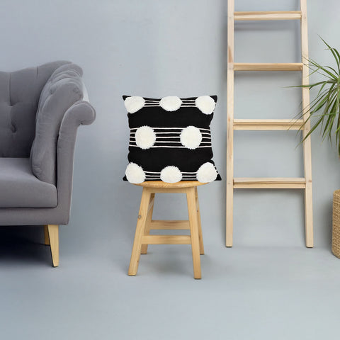 Set Of 2 Hand Tufted Texture Boho Black Ivory Pom - Pom Cushion Cover