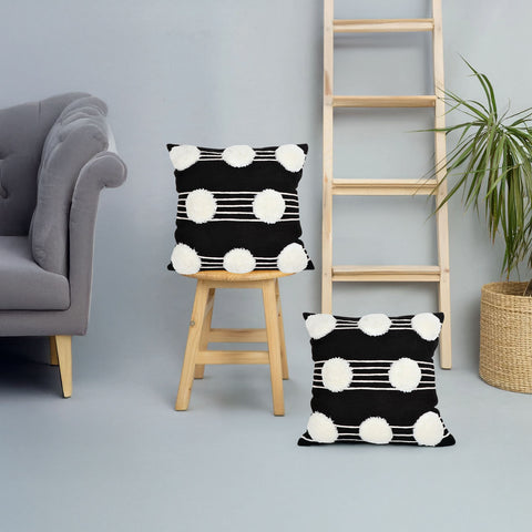 Set Of 2 Hand Tufted Texture Boho Black Ivory Pom - Pom Cushion Cover