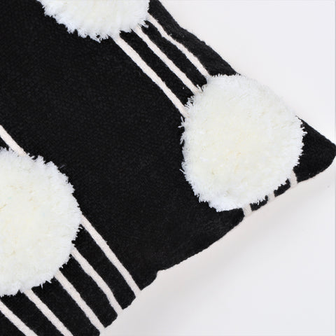 Set Of 2 Hand Tufted Texture Boho Black Ivory Pom - Pom Cushion Cover