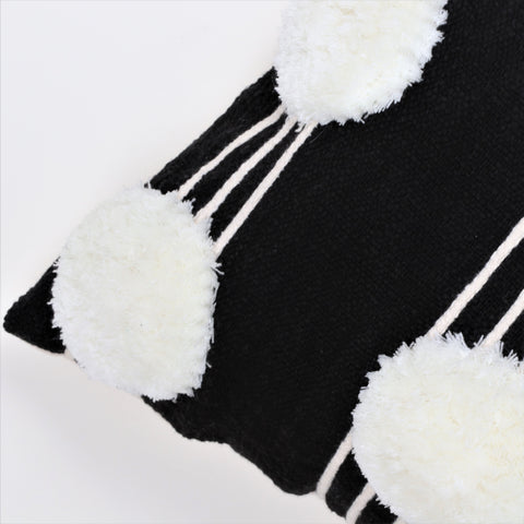 Hand Tufted Texture Boho Black and Ivory Pom - Pom Cushion Cover