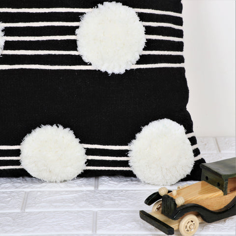 Set Of 2 Hand Tufted Texture Boho Black Ivory Pom - Pom Cushion Cover