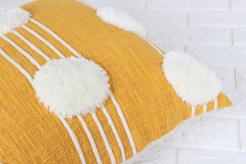 Hand Tufted Texture Boho Yellow and Ivory Pom - Pom Cushion Cover
