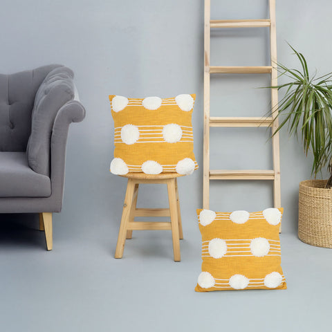 Set Of 2 Hand Tufted Texture Boho Yellow Ivory Pom - Pom Cushion Cover