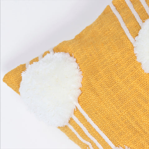 Hand Tufted Texture Boho Yellow and Ivory Pom - Pom Cushion Cover