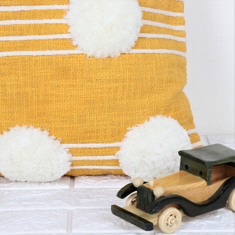 Hand Tufted Texture Boho Yellow and Ivory Pom - Pom Cushion Cover