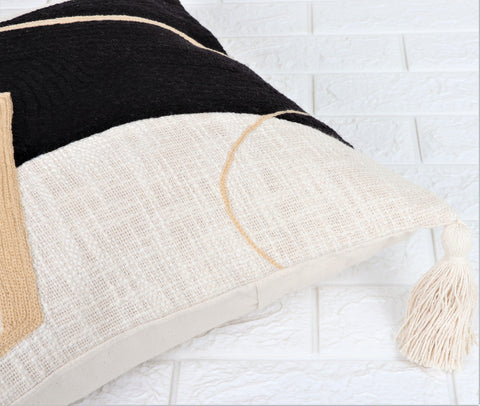 Set Of 2 Hand Tufted Crewel Texture Boho Black Ivory Cushion Cover