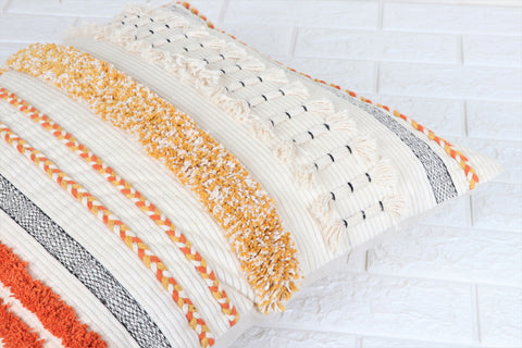 Set Of 3 Hand Tufted Texture Boho Yellow Orange Tassels Cushion Cover