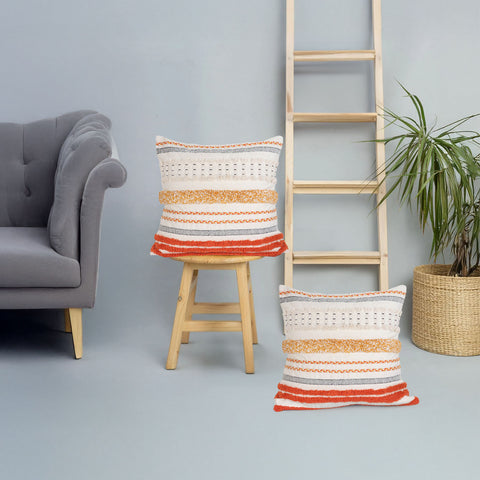 Set Of 2 Hand Tufted Texture Boho Yellow Orange Tassels Cushion Cover