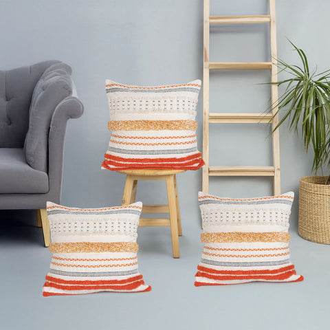 Set Of 3 Hand Tufted Texture Boho Yellow Orange Tassels Cushion Cover