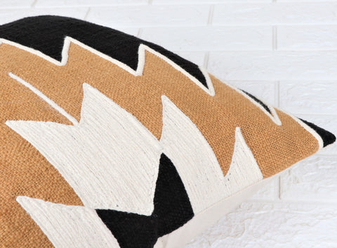 Hand Tufted Texture Boho Black and Mustard Yellow Patch Work Cushion Cover