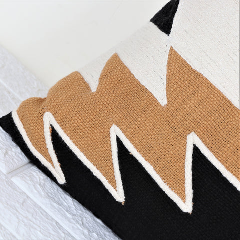 Hand Tufted Texture Boho Black and Mustard Yellow Patch Work Cushion Cover