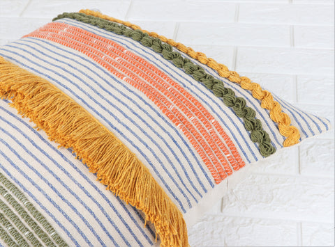 Hand Tufted Texture Boho Blue and Orange Cushion Cover