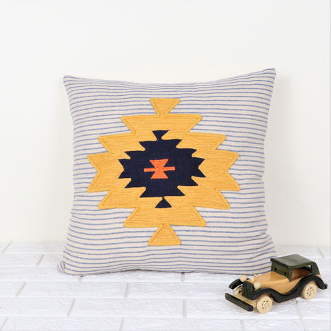 Hand Tufted Texture Boho Blue and Yellow Patch Work Cushion Cover
