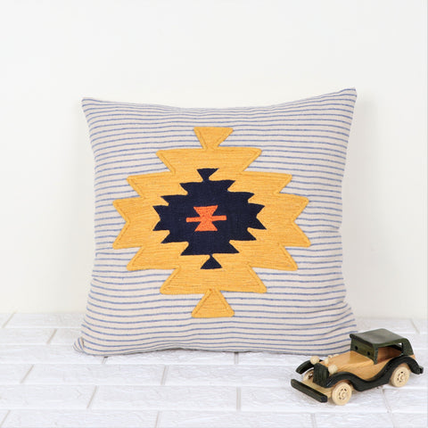 Set Of 3 Hand Tufted Texture Boho Blue Yellow Patch Work Cushion Cover