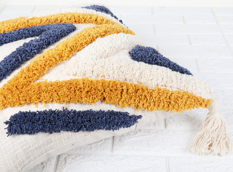 Hand Tufted Texture Boho Yellow and Ivory Tassels Cushion Cover
