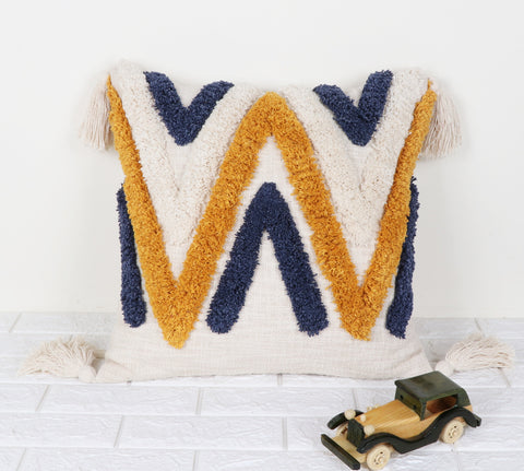 Hand Tufted Texture Boho Yellow and Ivory Tassels Cushion Cover