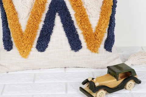 Set Of 3 Hand Tufted Texture Boho Yellow Ivory Tassels Cushion Cover