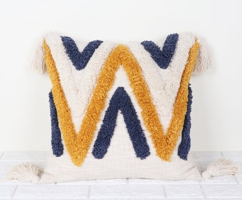 Hand Tufted Texture Boho Yellow and Ivory Tassels Cushion Cover