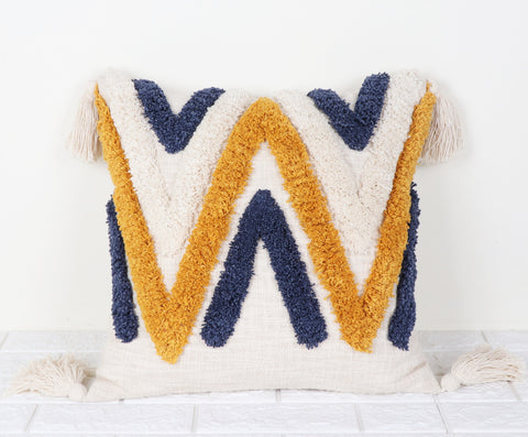 Set Of 2 Hand Tufted Texture Boho Yellow Ivory Tassels Cushion Cover