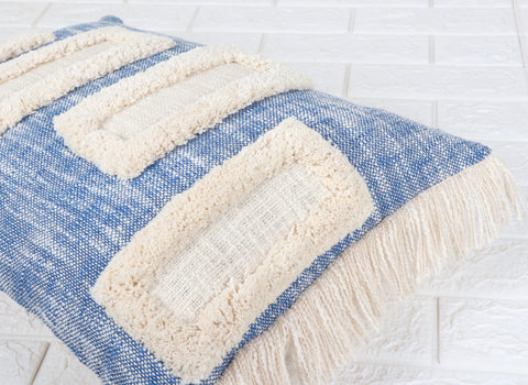 Hand Tufted Texture Boho Blue and Ivory Fringe Cushion Cover