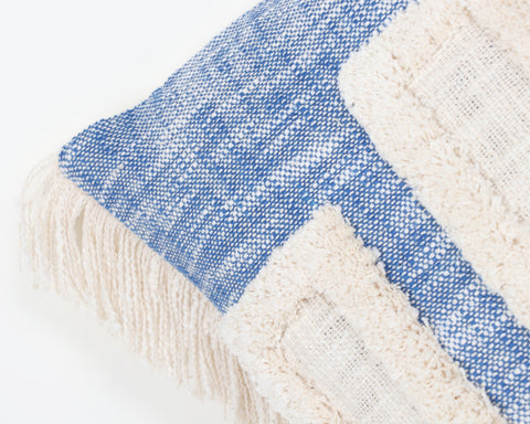 Hand Tufted Texture Boho Blue and Ivory Fringe Cushion Cover