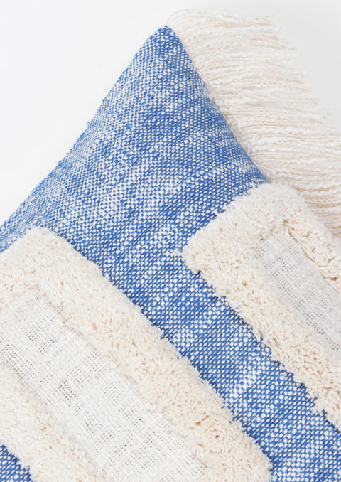 Hand Tufted Texture Boho Blue and Ivory Fringe Cushion Cover