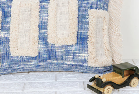 Hand Tufted Texture Boho Blue and Ivory Fringe Cushion Cover