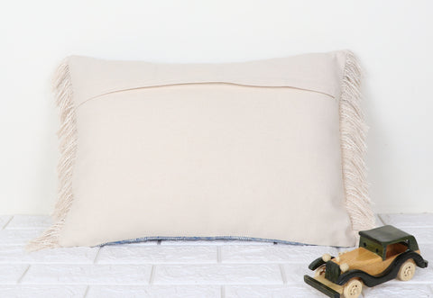 Hand Tufted Texture Boho Blue and Ivory Fringe Cushion Cover